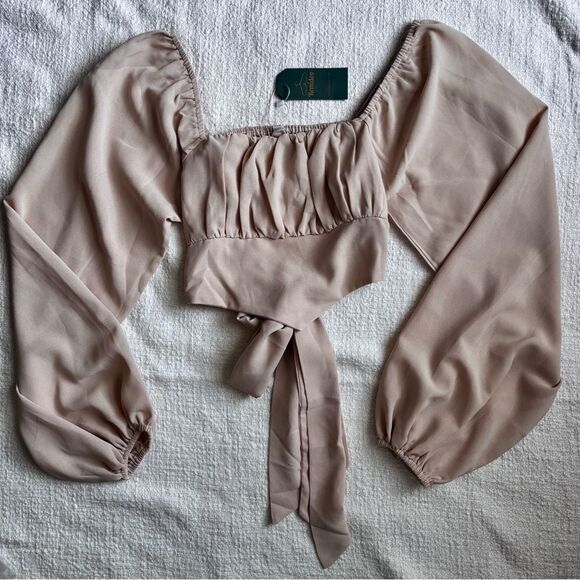 Remidoo Tan Crop Top With A Tie In The Back. Long Sleeves. NWT Size Small - Picture 1 of 5